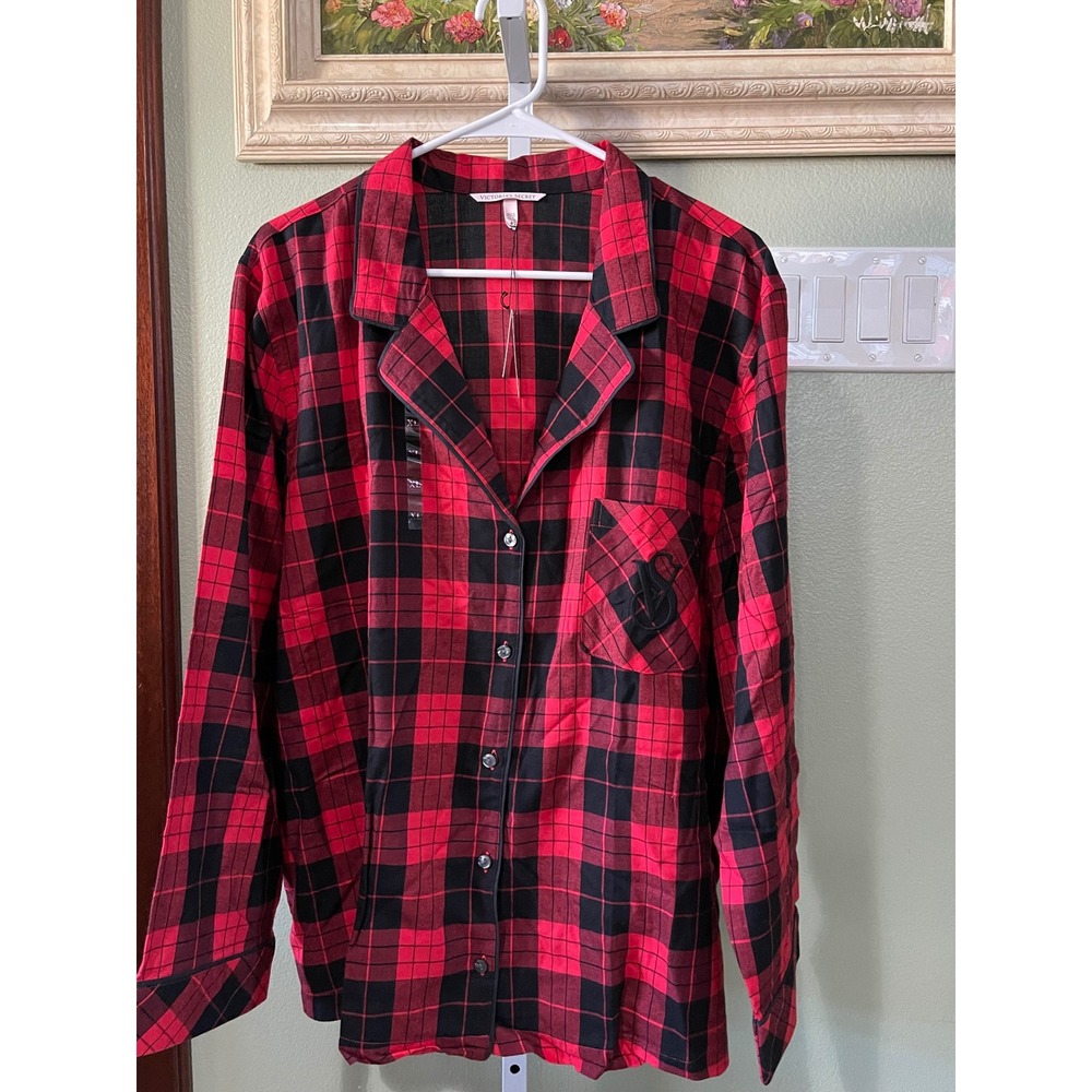Victoria's Secret Black Plaid Pajama Top Button-Down Embroidered "VS" Size XL/TG